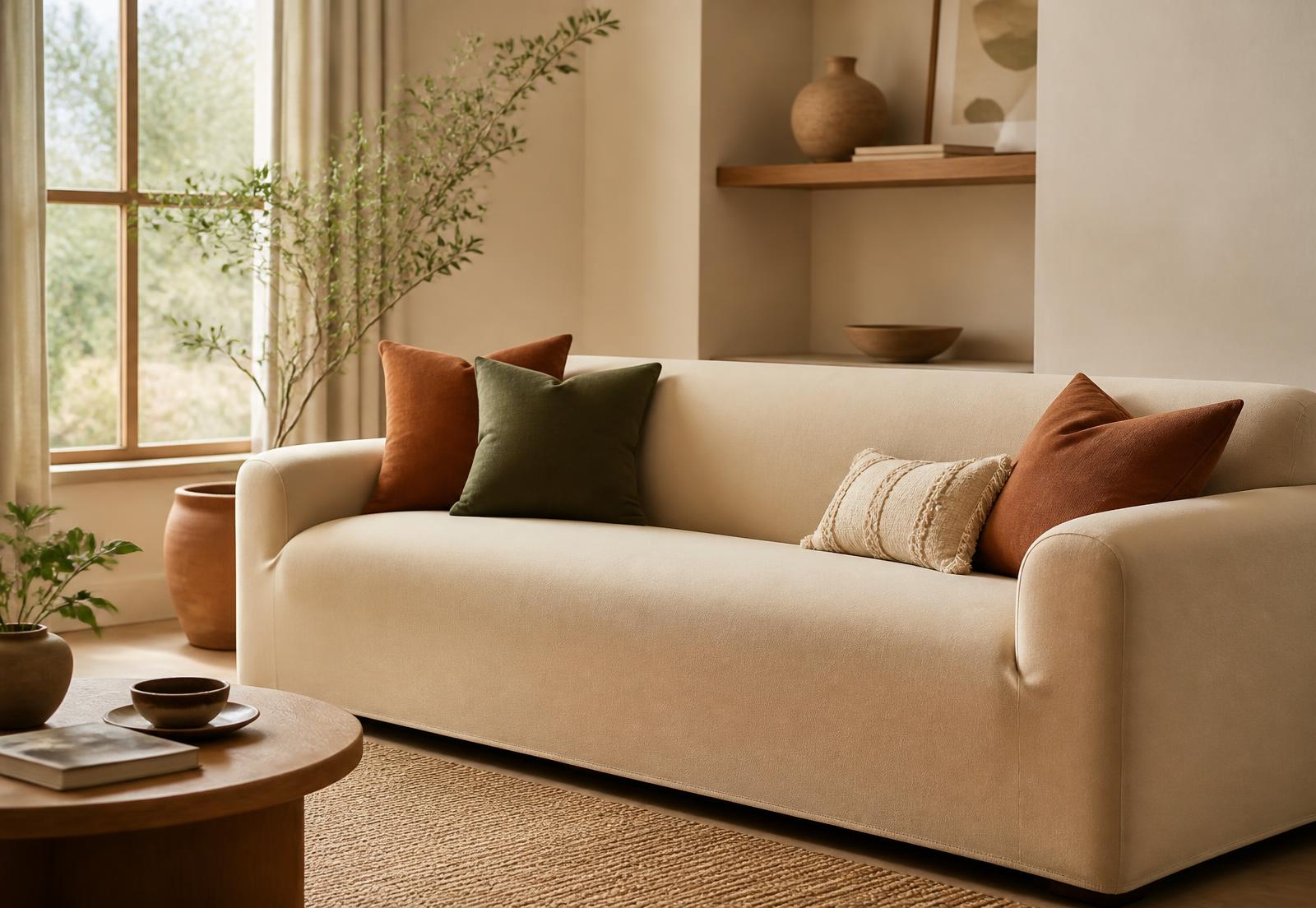 Living room styled with ComfortNest sofa covers and cushions